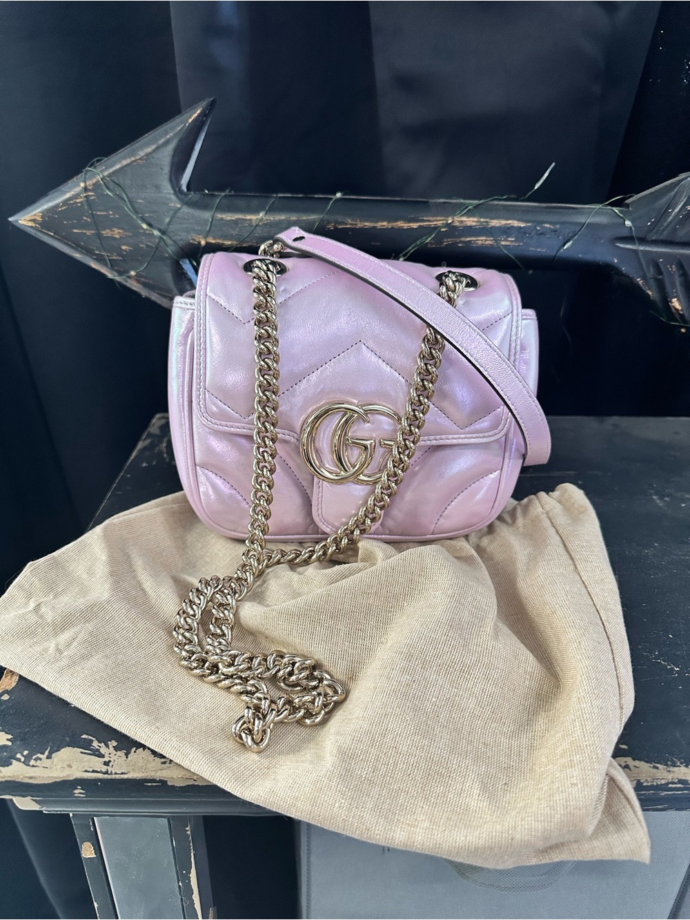 Rare iridescent Gucci Lavender Quilted Marmont Crossbody with Gold Chain
